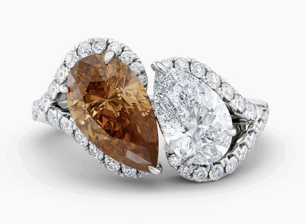 Pear Champagne Diamond Engagement Ring - Toi Et Moi